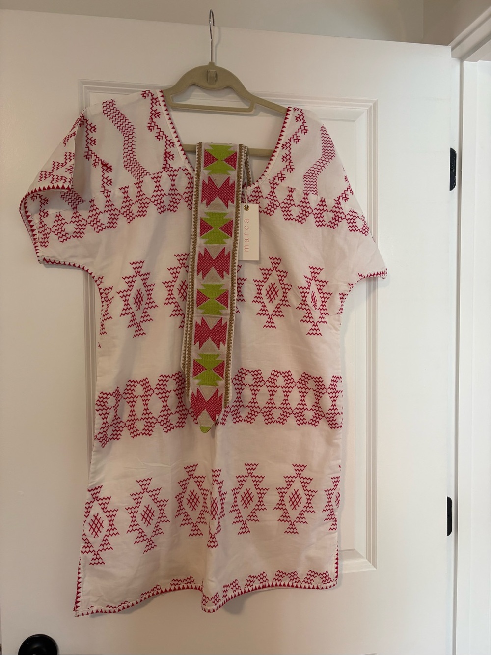 White Dress with Red Embroidered Pattern